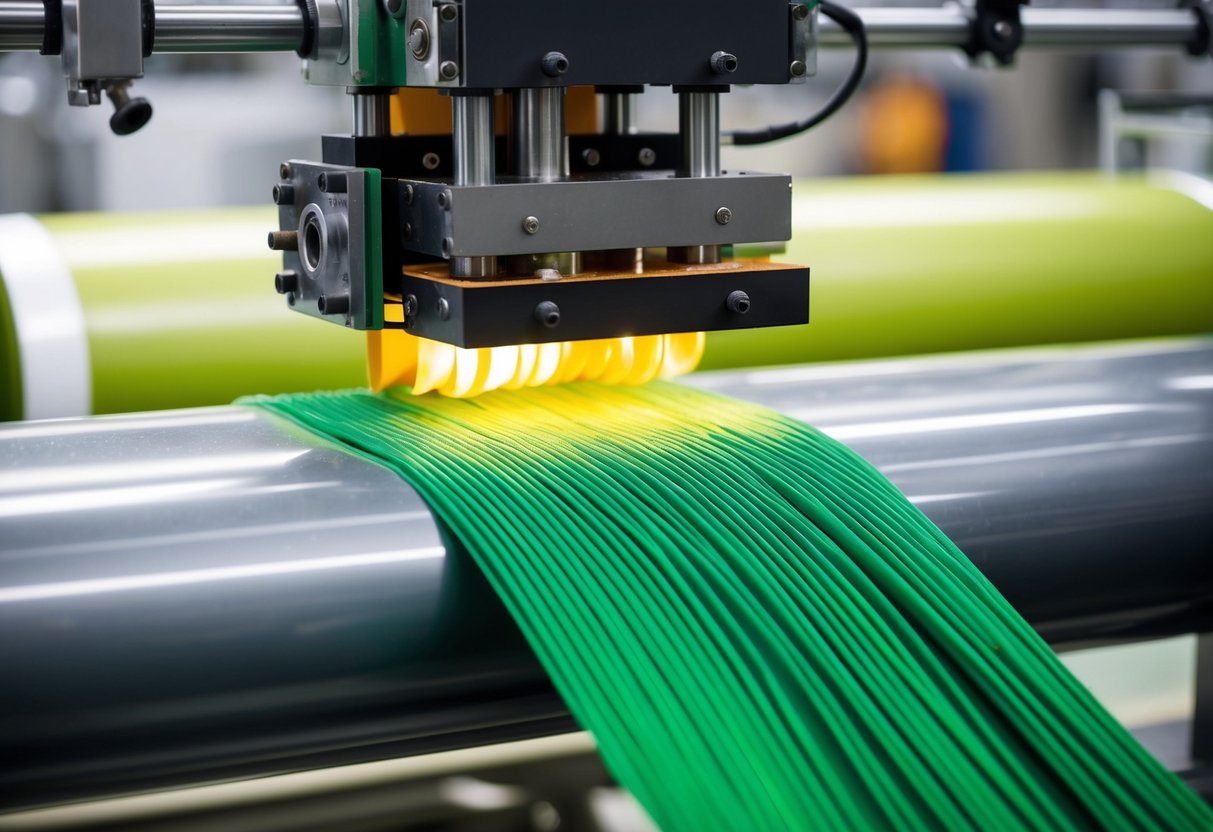 Machinery extrudes green synthetic fibers onto a backing, heated and coated with adhesive, then rolled and cut to size