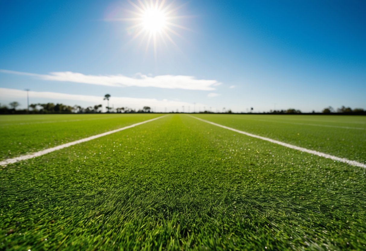 A lush, green artificial grass field stretches out under a bright blue sky, with the sun casting long shadows across the perfectly manicured surface