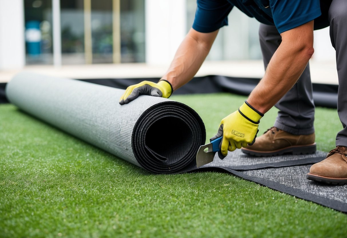 A worker unrolls and secures artificial turf onto a prepared surface, using tools to cut and secure the material in place
