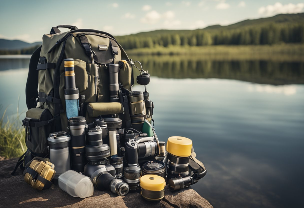 A fishing backpack surrounded by various fishing gear and equipment, including rods, reels, and tackle boxes, set against a backdrop of a serene river or lake