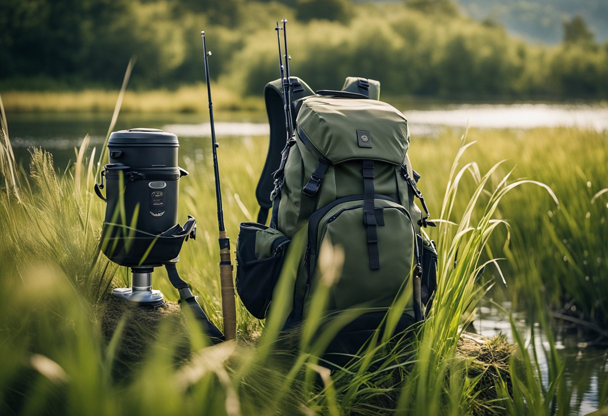 A Wild River fishing backpack with a built-in rod holder nestled among tall grasses near a tranquil river