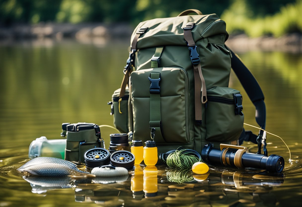 A waterproof fly fishing backpack with various fishing tackle strewn around it
