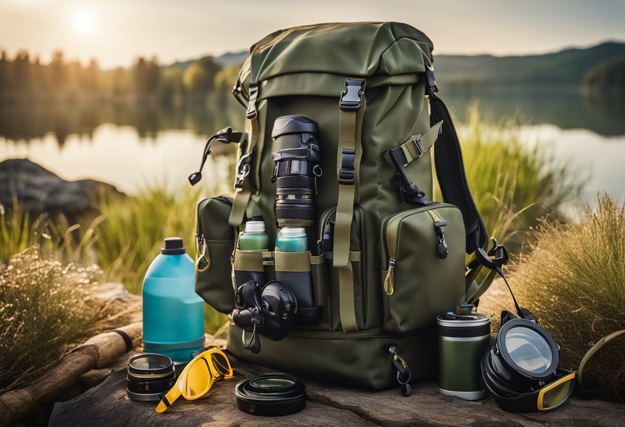 A fishing backpack with multiple compartments and waterproof material, surrounded by fishing gear and tackle