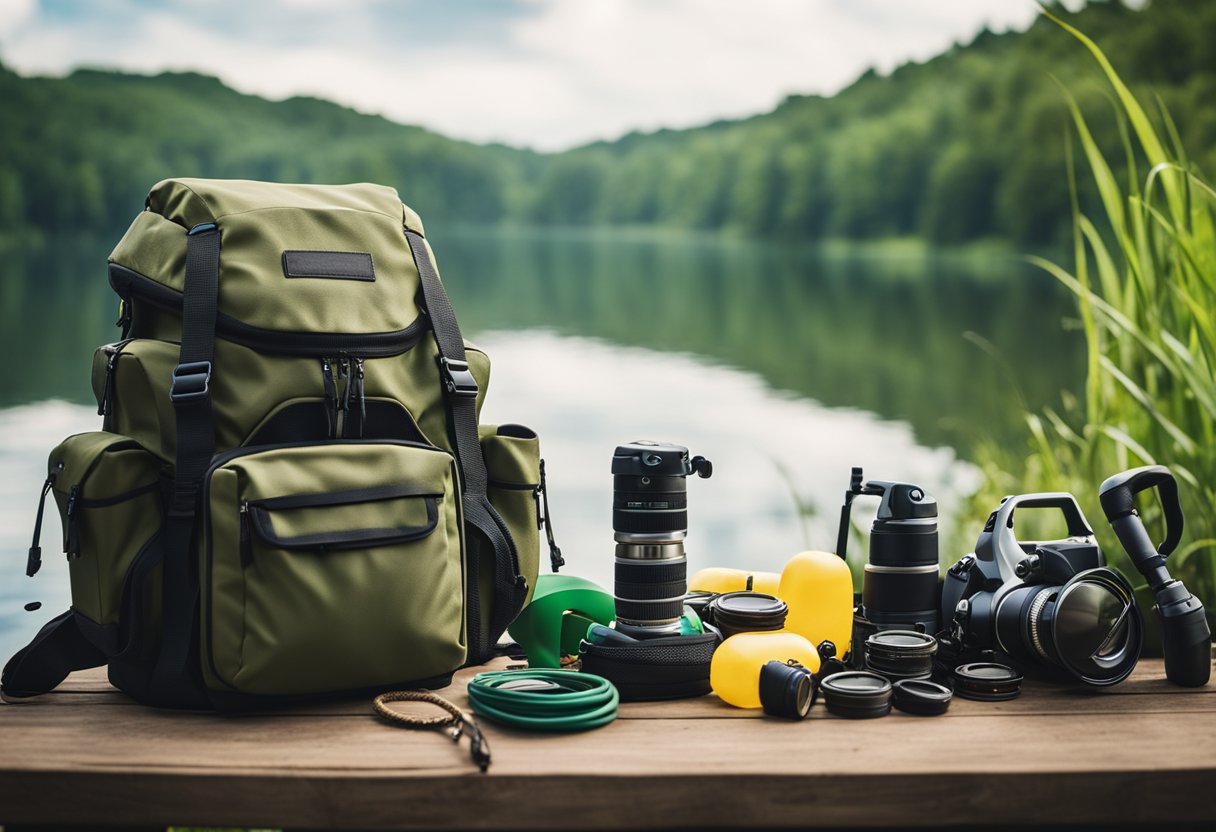 A fishing backpack surrounded by various fishing gear and equipment, with a serene lake and lush greenery in the background