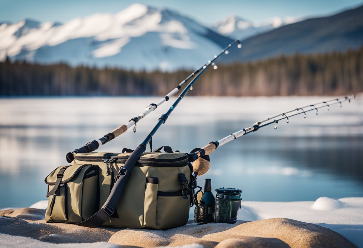 A fishing bag with a built-in rod holder and cooler sits on the shore of a frozen lake, ready for ice fishing