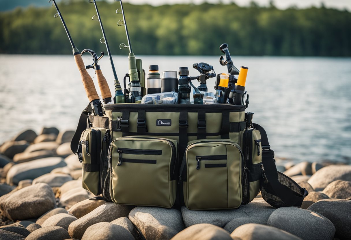 A fishing bag with rod holder, cooler, and multiple compartments for functional enhancements and accessories sits on the shore ready for a day of fishing