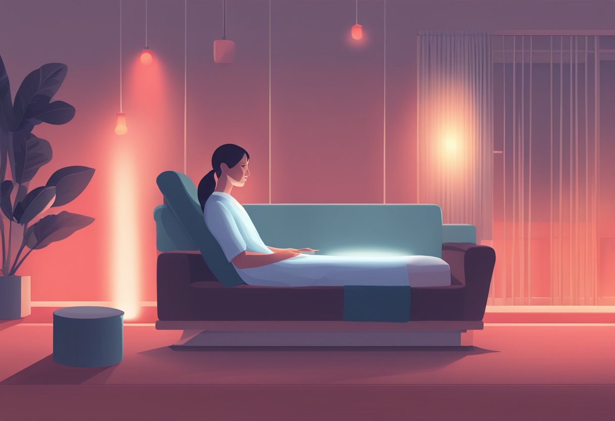 A serene, dimly lit room with a person or object receiving red light therapy to alleviate pain and inflammation
