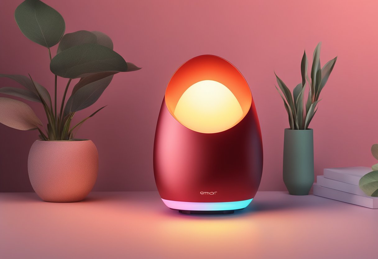 A sleek red light therapy device emitting a warm glow, surrounded by a backdrop of soothing, calming colors