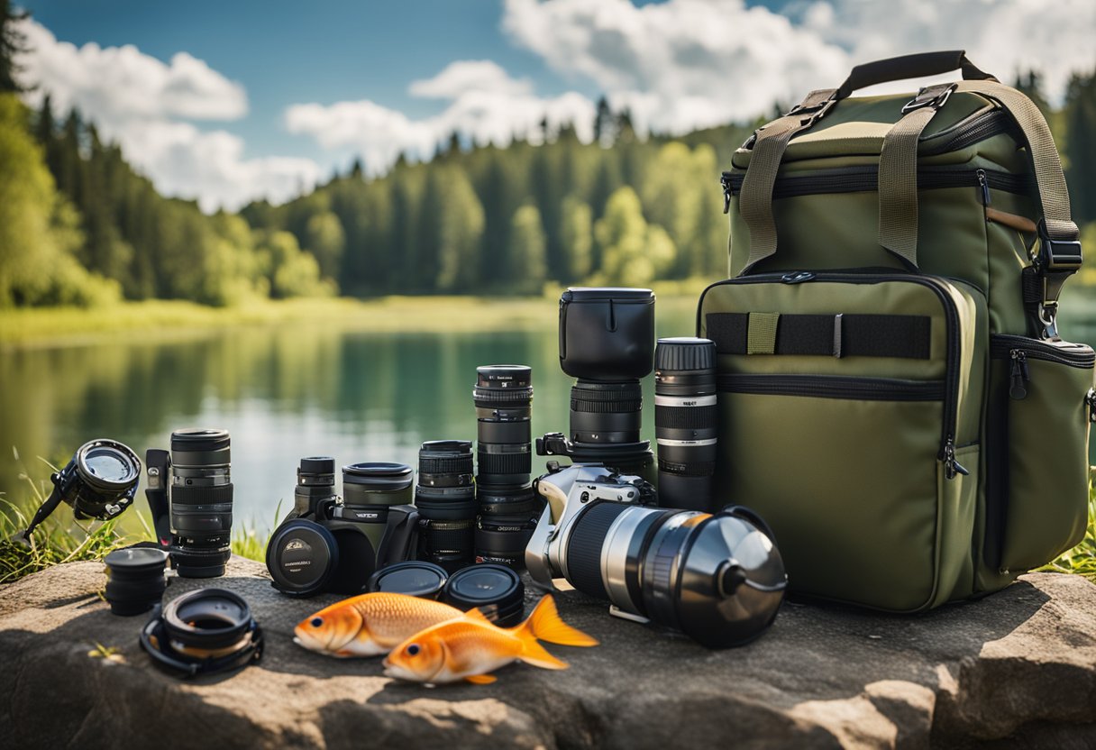 A high-end fishing bag with multiple compartments and pockets, alongside an affordable custom fishing bag designed for beginners, laid out on a grassy bank by a tranquil lake