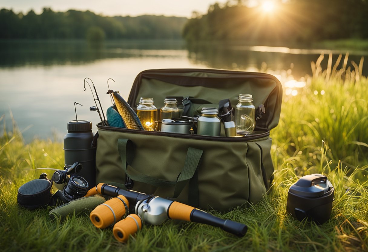 A tranquil lakeside scene with a fishing bag, tackle box, and fishing rod laid out on the grass. The sun is setting, casting a warm glow over the serene setting