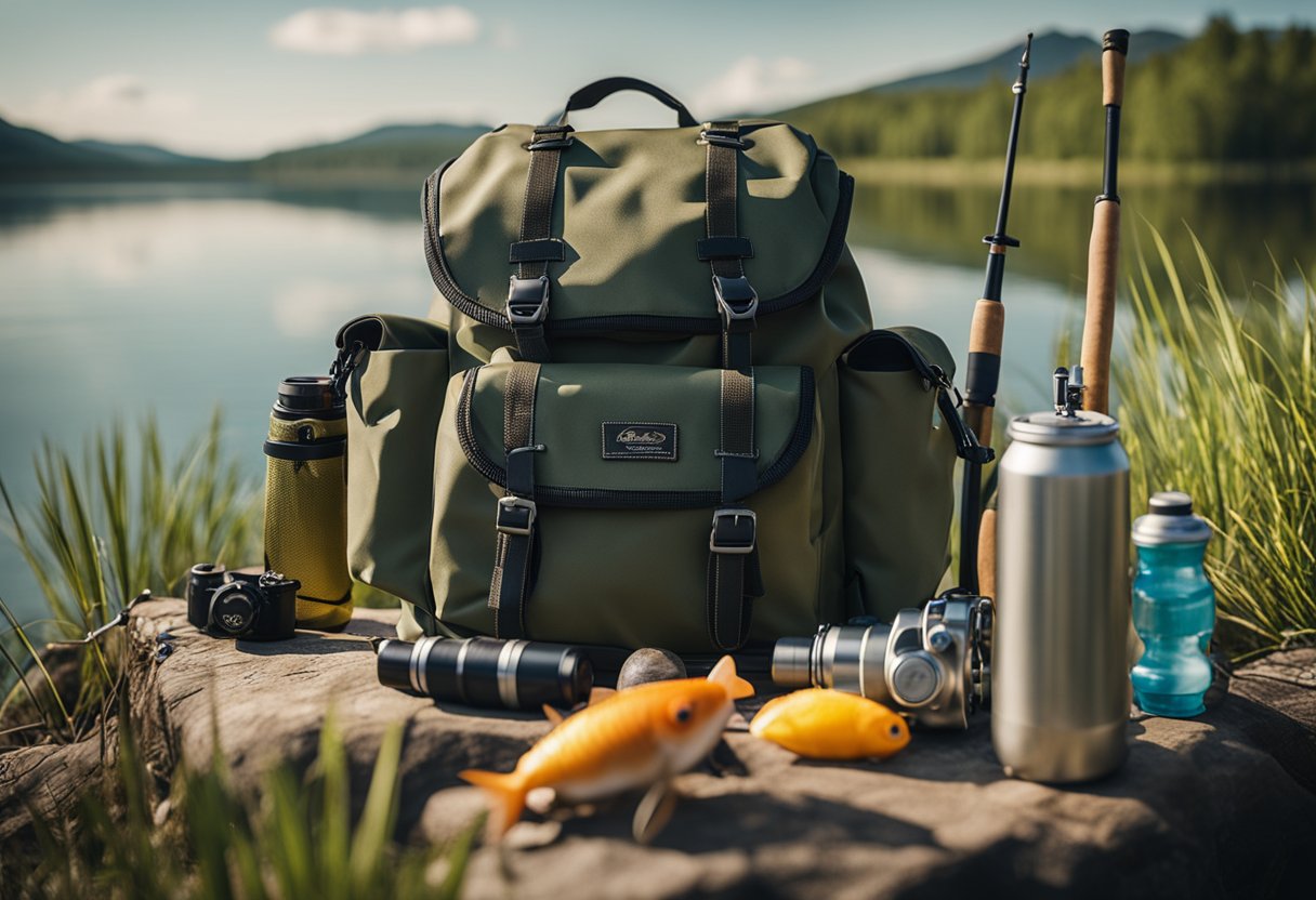 A fishing backpack filled with tackle sits on the shore by a tranquil lake