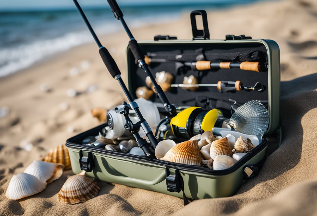A saltwater fishing pack with rod holder sits on the shore, surrounded by seashells and a fishing rod leaning against it