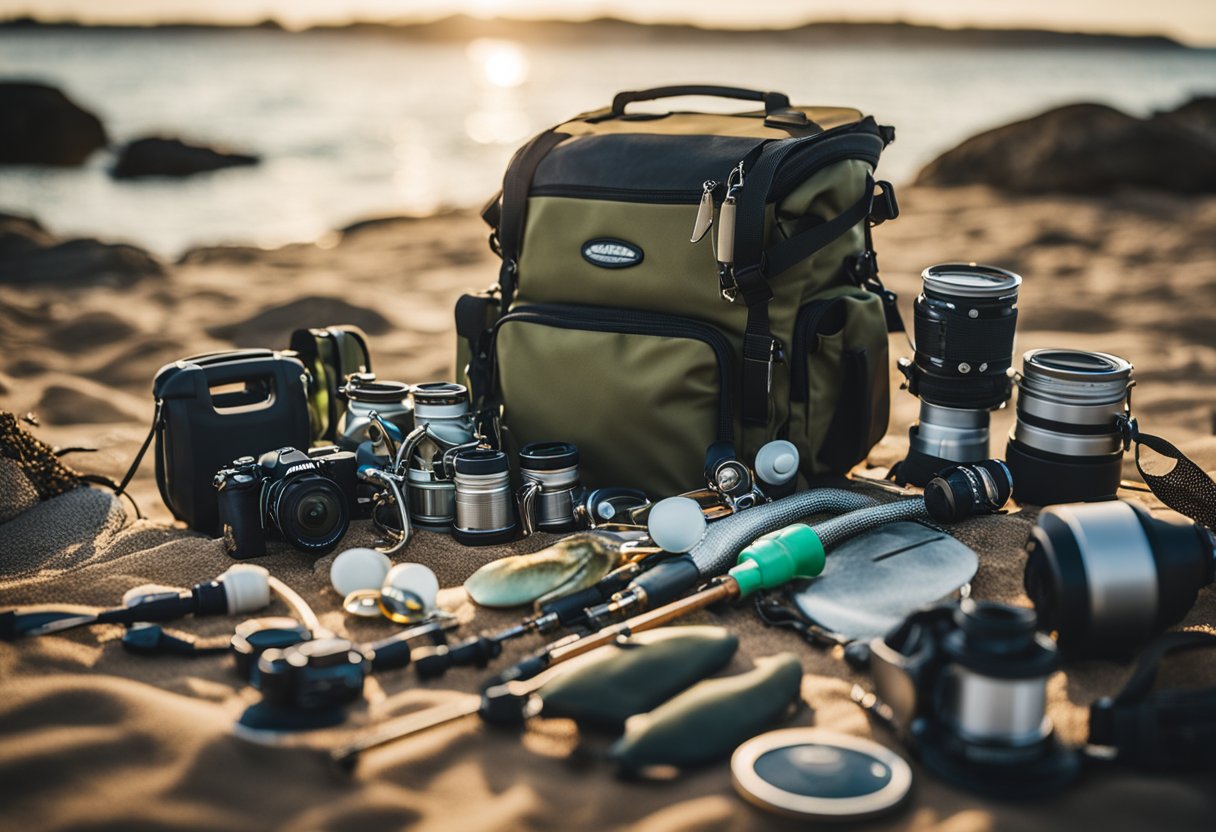 A saltwater fishing pack with rod holder, sitting on the shore, surrounded by various fishing gear and equipment