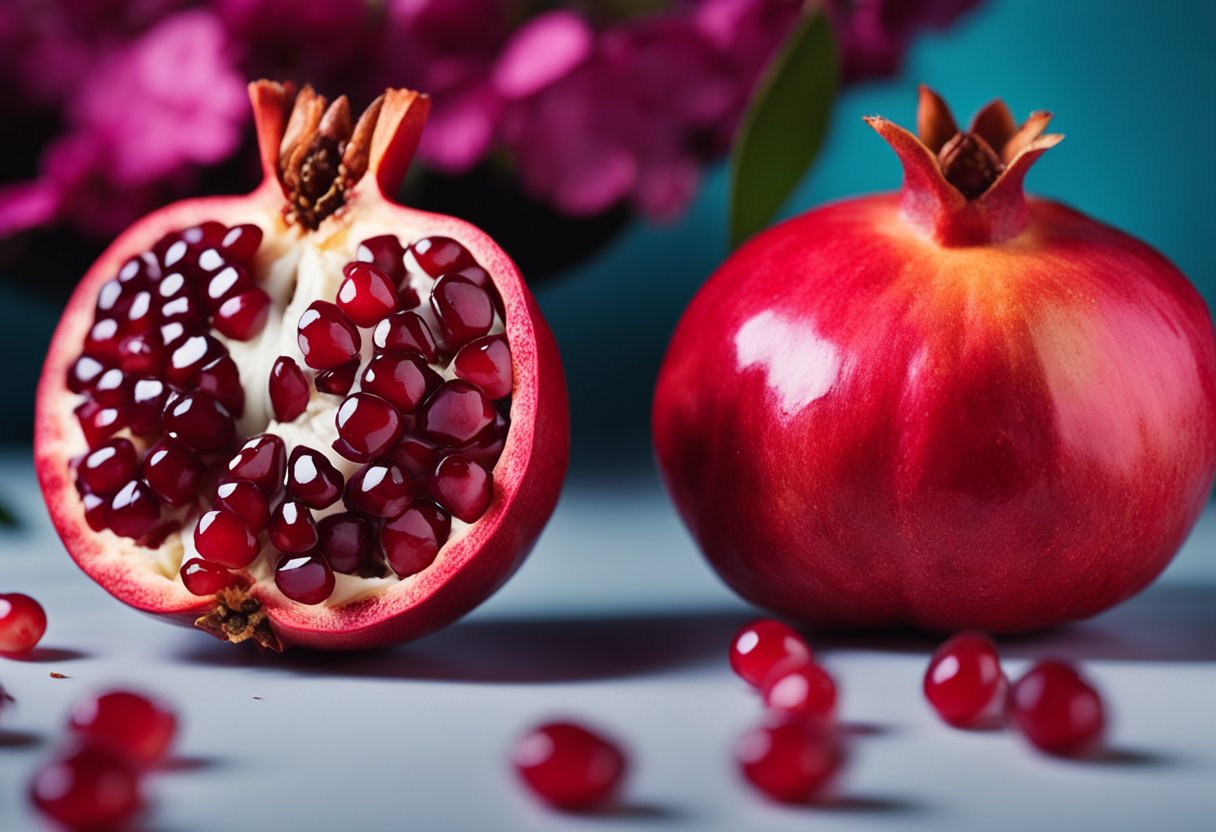 A vibrant pomegranate split open, revealing juicy seeds and a rich, deep red color. Surrounding it are scattered leaves and flowers, evoking a sense of freshness and vitality