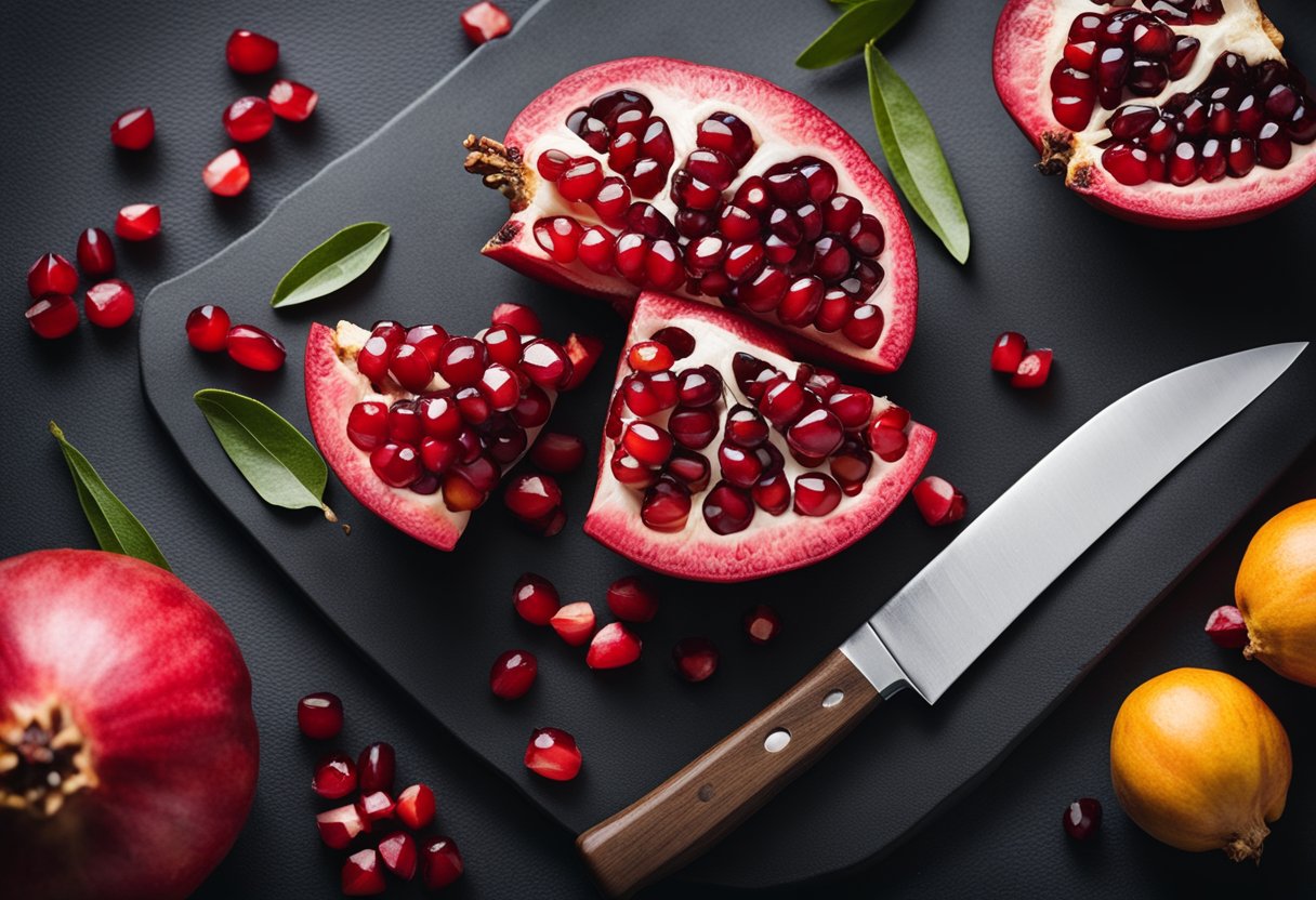 A ripe pomegranate split open, revealing juicy seeds and vibrant red flesh. A knife and cutting board nearby
