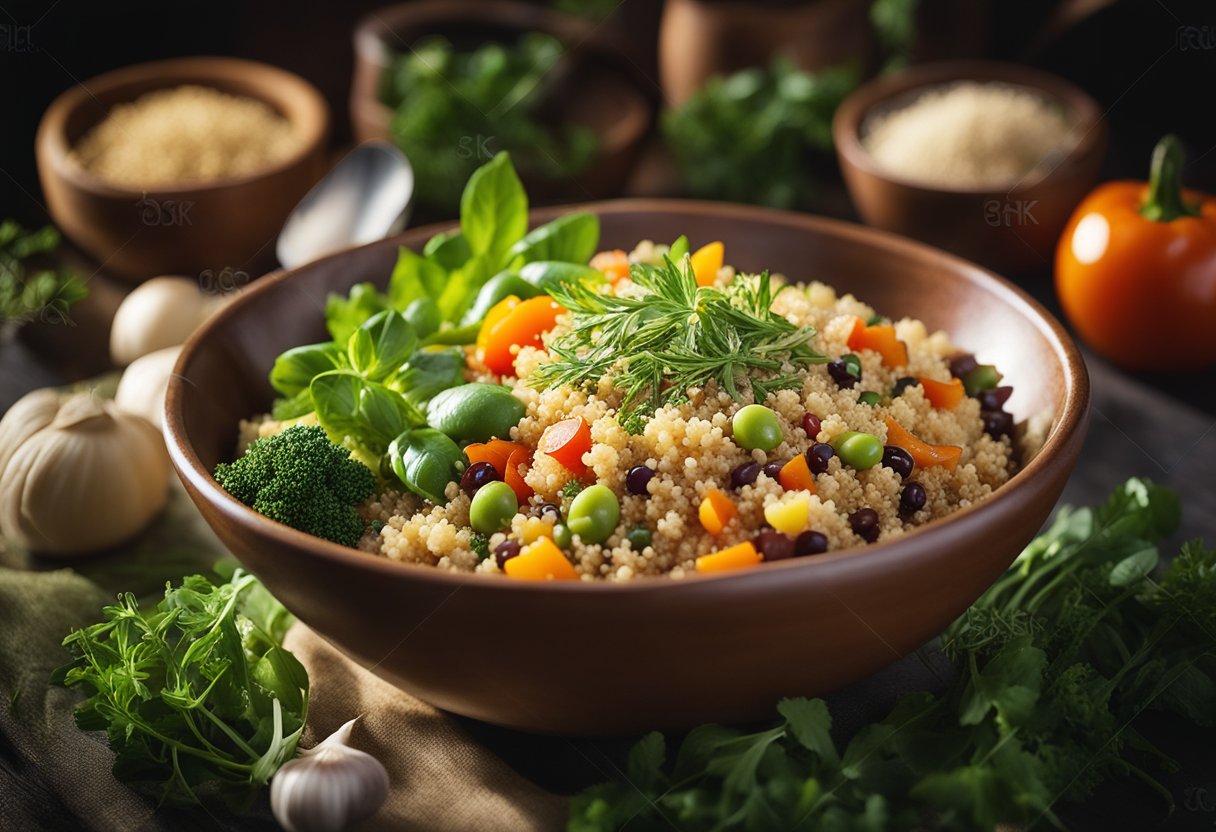 A bowl of cooked quinoa surrounded by a variety of colorful vegetables and herbs, with a beam of sunlight shining down on the scene