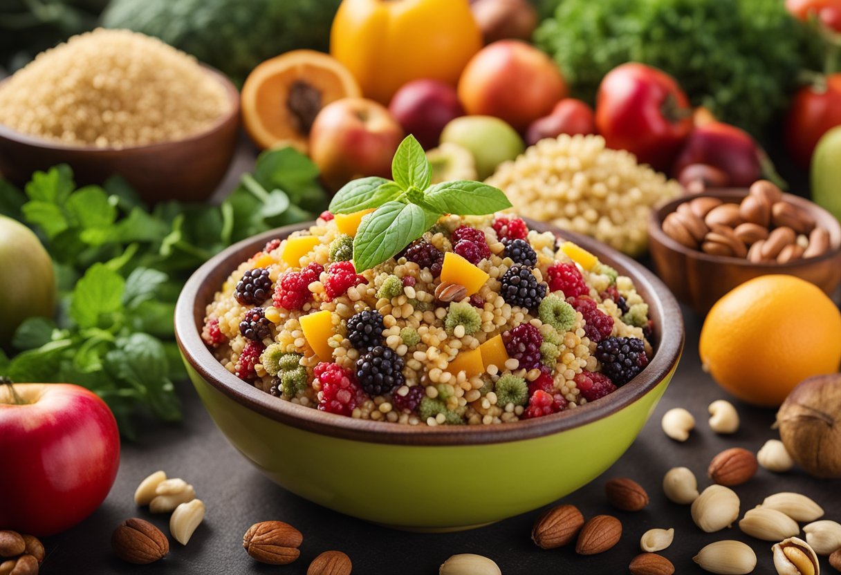 A colorful assortment of quinoa, surrounded by various fruits, vegetables, and nuts, symbolizing the diverse nutritional benefits of this superfood