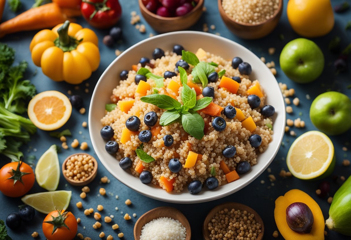 A bowl of cooked quinoa surrounded by various fresh vegetables and fruits, with a vibrant and colorful backdrop of a bustling farmers market