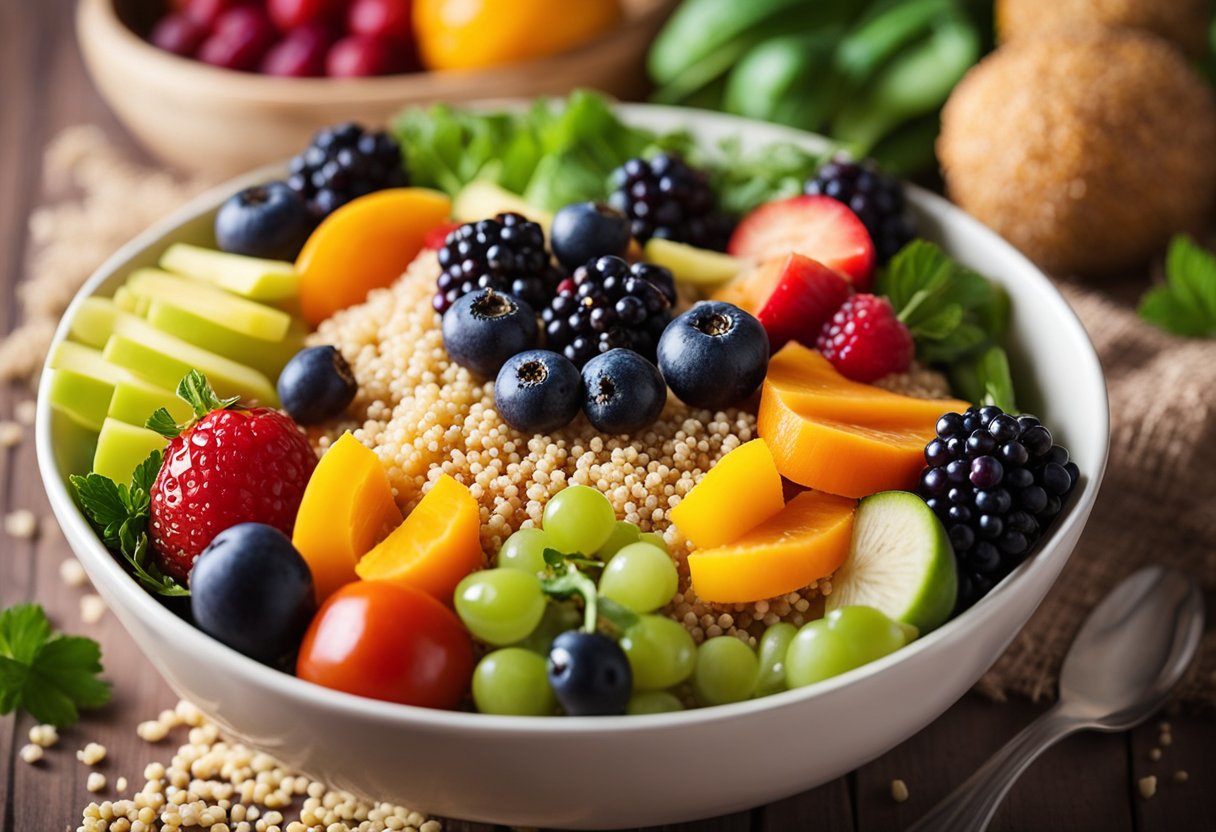 A bowl of cooked quinoa surrounded by a variety of colorful fruits and vegetables, representing a balanced and nutritious meal for digestive health