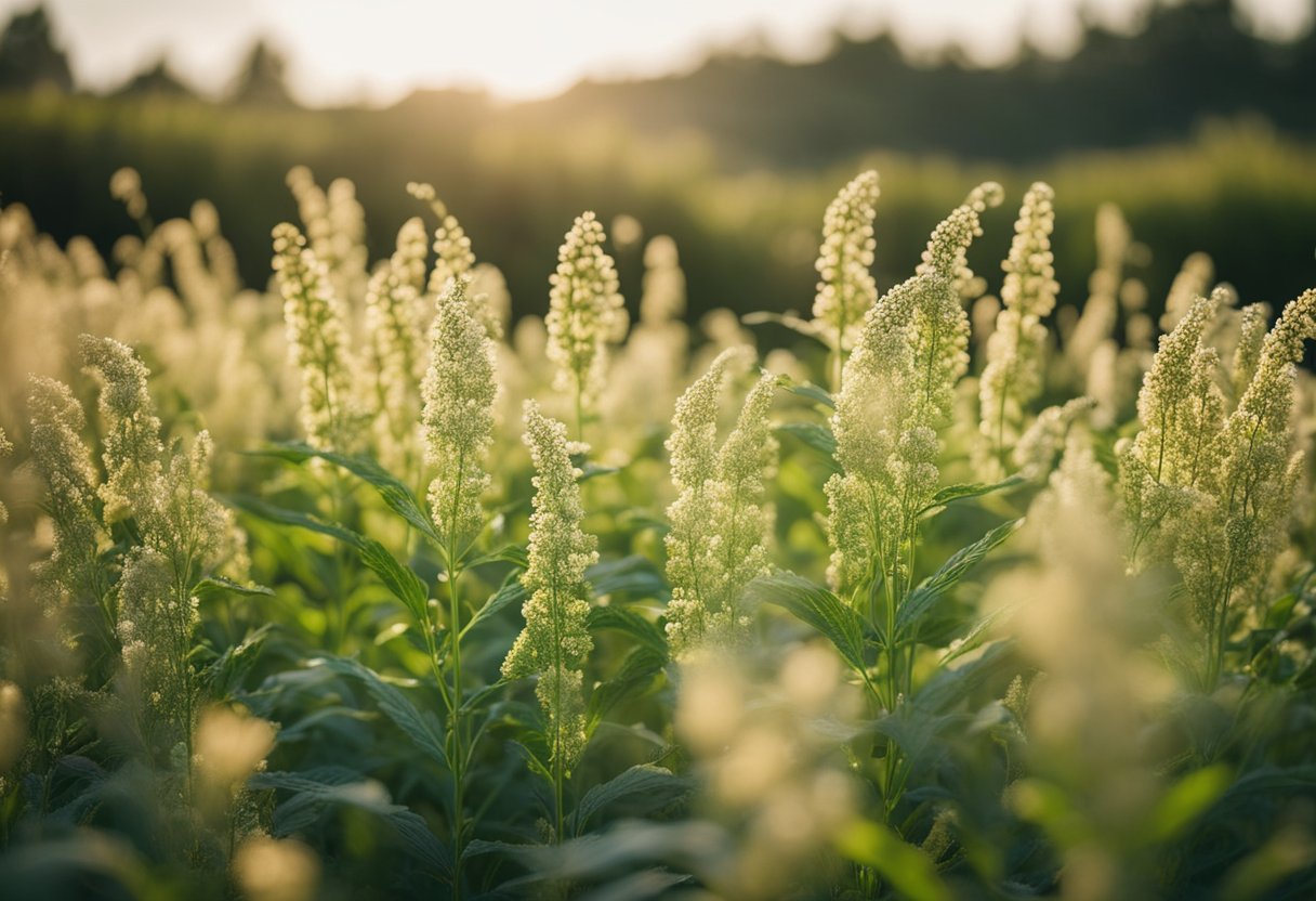 A lush field of quinoa plants swaying in the breeze, surrounded by diverse wildlife and vibrant flowers, showcasing the natural benefits of sustainable quinoa farming