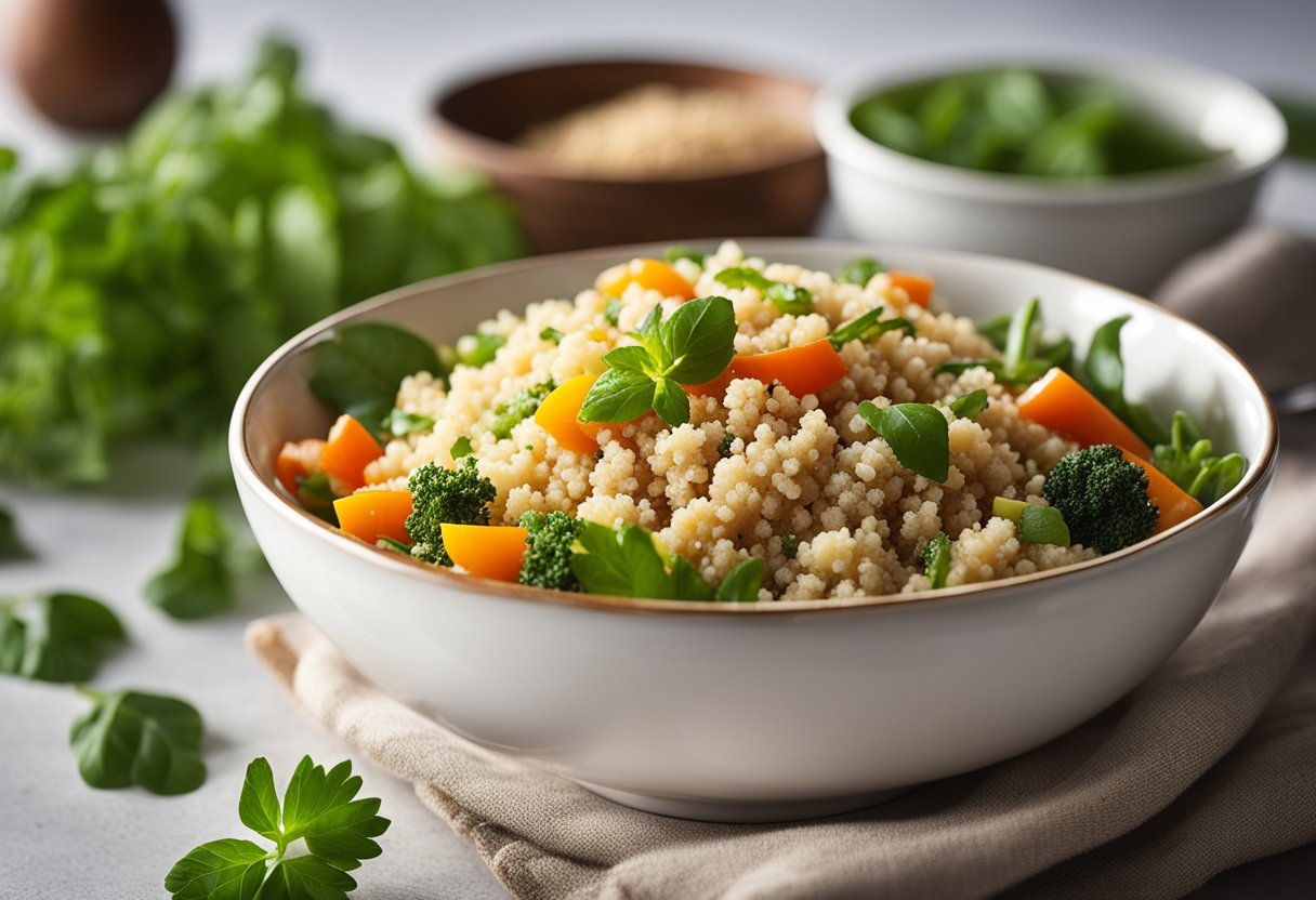 A bowl of quinoa surrounded by various fresh vegetables and herbs, with a beam of sunlight shining down on it