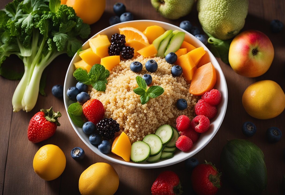 A bowl of quinoa surrounded by various colorful fruits and vegetables, with a beam of sunlight shining down on the nutritious ingredients