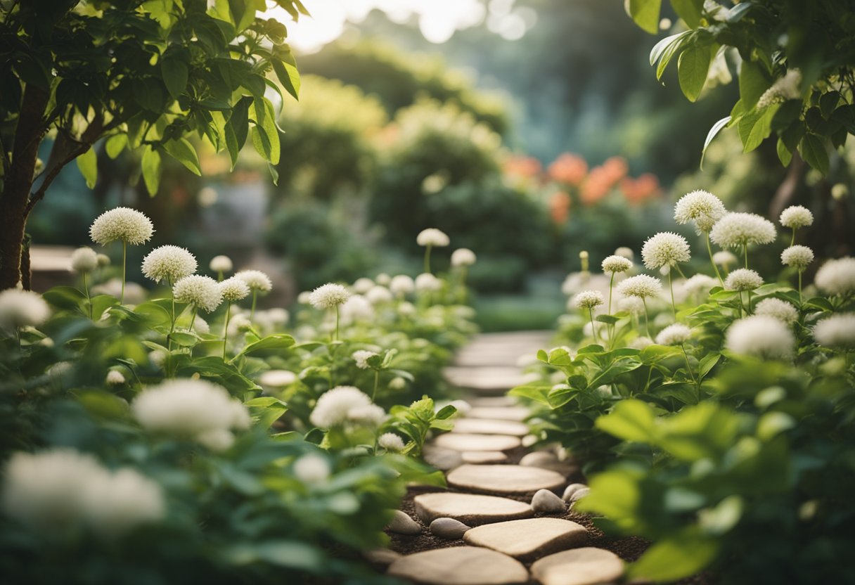 A serene garden with blooming ashwagandha plants surrounded by calm, meditating animals and a sense of tranquility in the air
