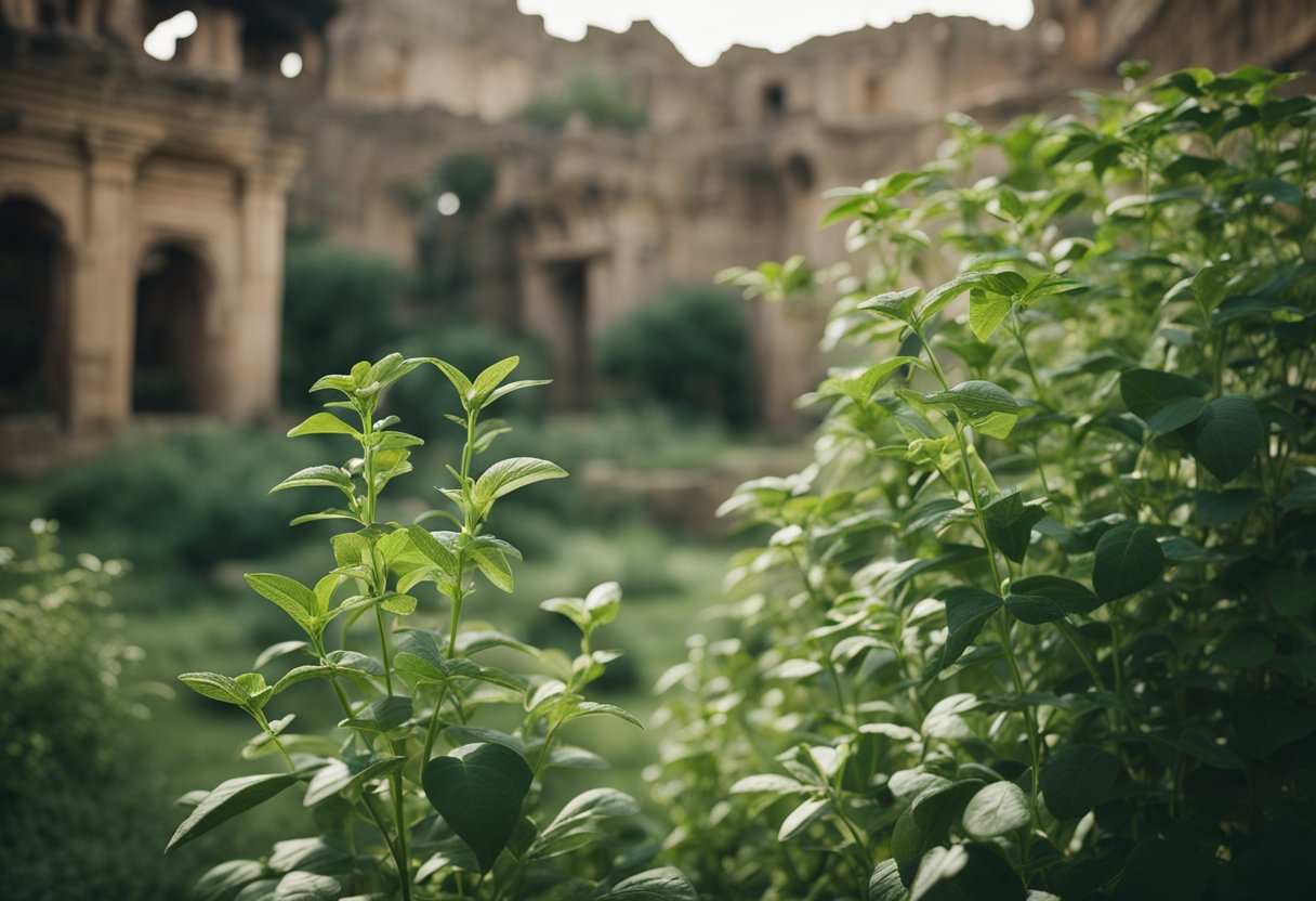 A serene garden with ashwagandha plants growing amidst ancient ruins, symbolizing the historical use and origins of the herb