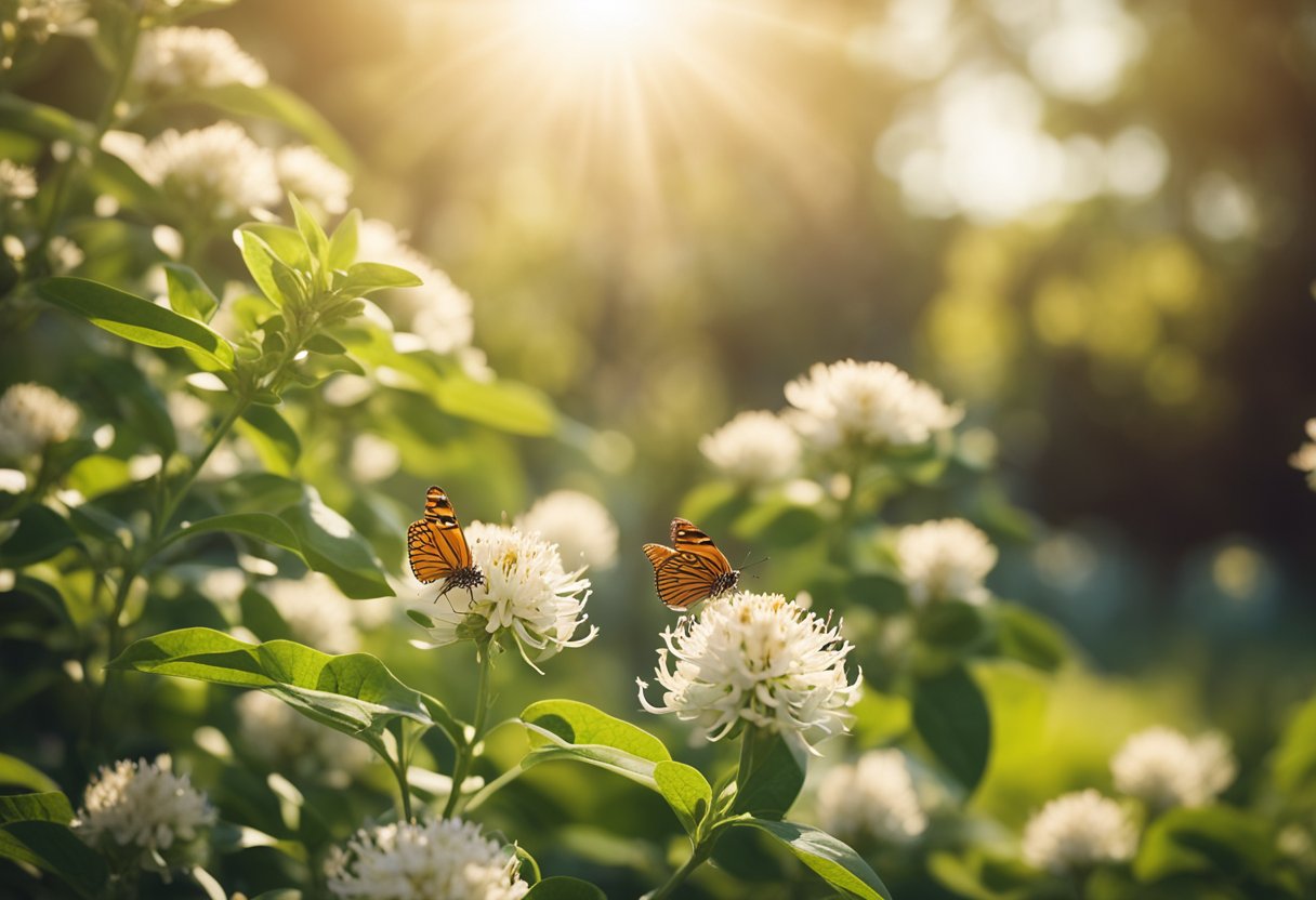 A serene garden with a blooming ashwagandha plant surrounded by butterflies and bees. The sun shines down, casting a warm and peaceful glow over the scene