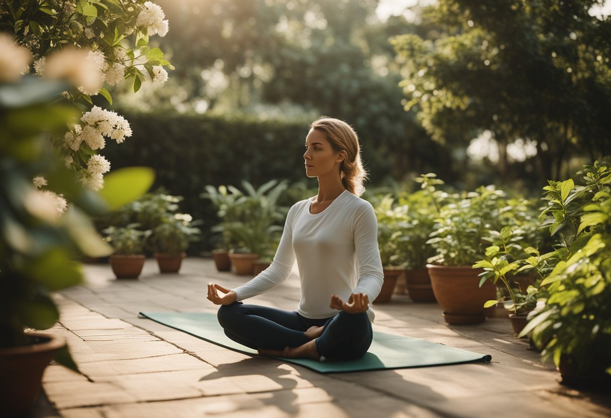 A serene garden with blooming ashwagandha plants surrounded by calm, content individuals practicing yoga and meditation