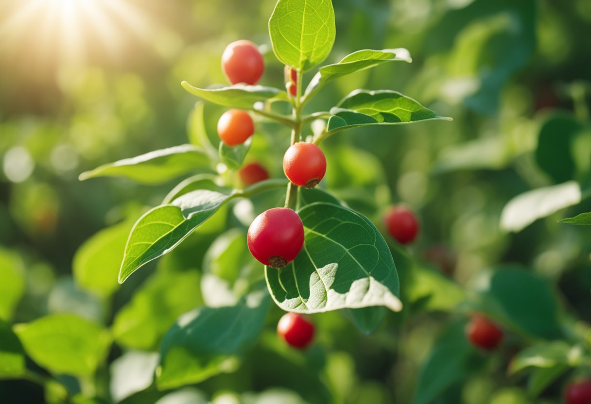 A vibrant field of ashwagandha plants, with lush green leaves and small, round berries, basking in the warm sunlight