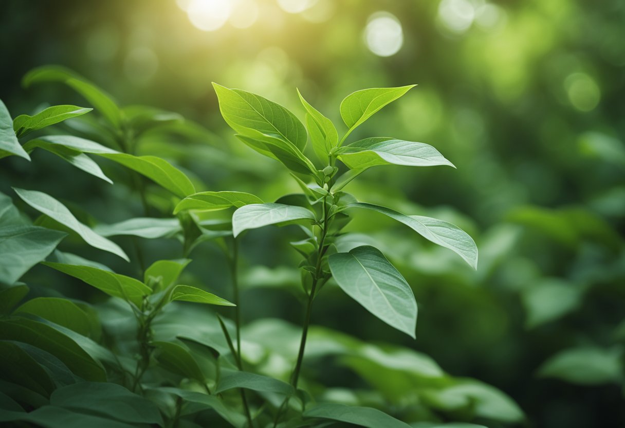 A serene forest with a towering ashwagandha plant surrounded by other lush green foliage, exuding a sense of calm and resilience