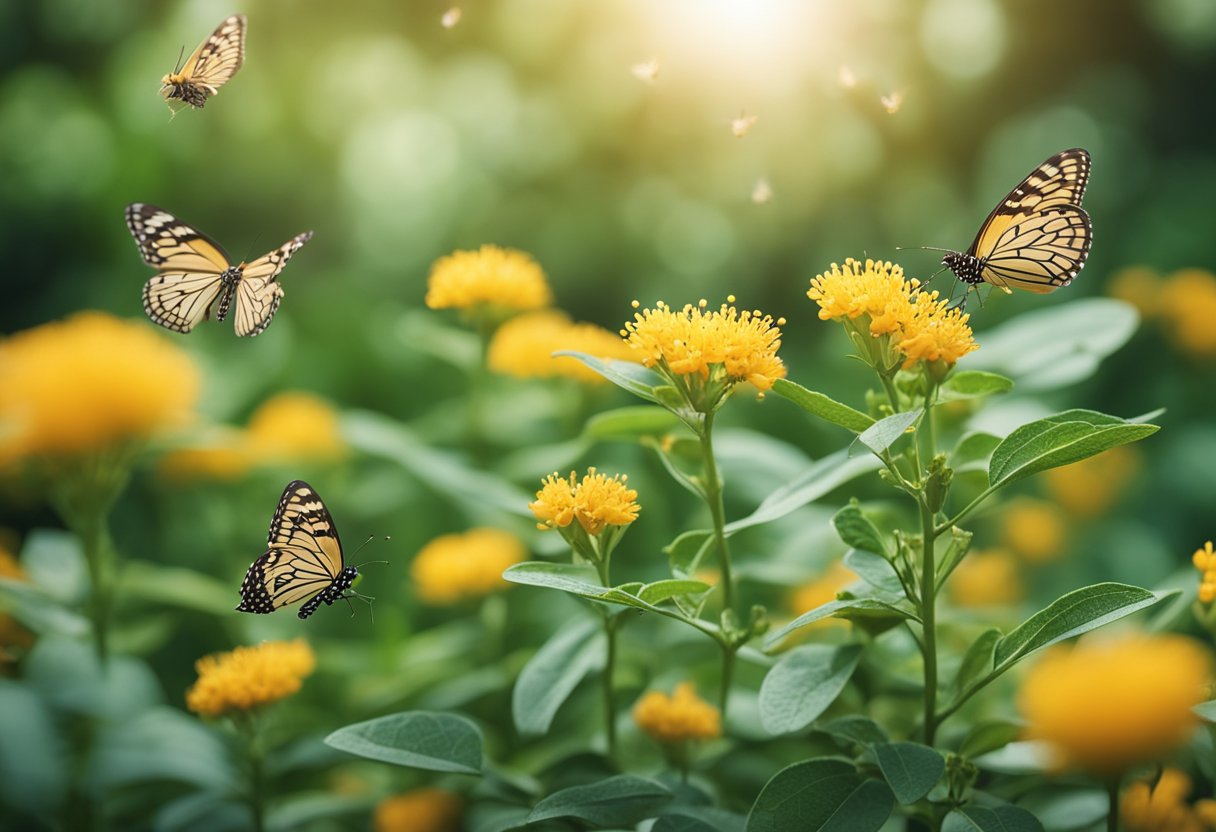 A serene garden with blooming ashwagandha plants surrounded by butterflies and bees, illustrating the benefits of reproductive health