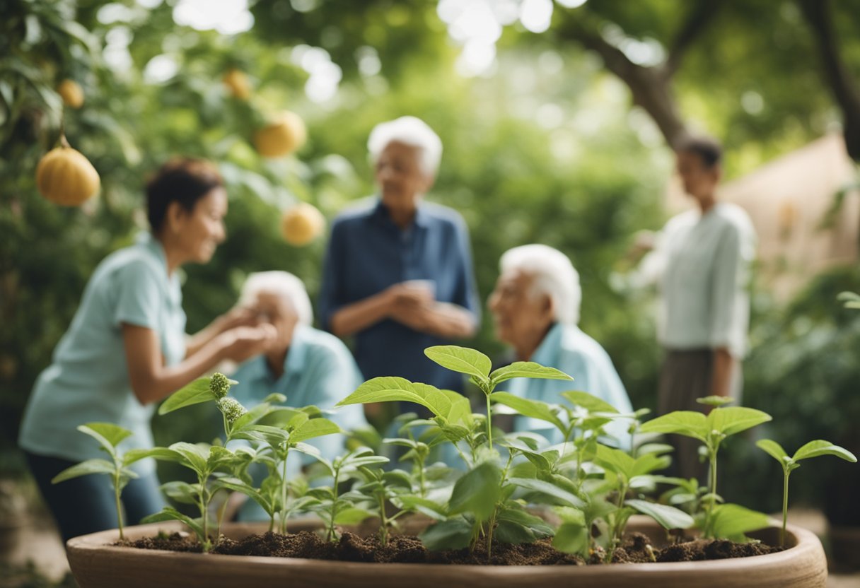 A serene garden with a flourishing ashwagandha plant surrounded by elderly individuals engaged in various activities, conveying the benefits of the herb for aging support