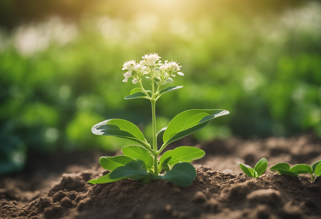 A serene, green landscape with a vibrant ashwagandha plant in full bloom, surrounded by a sense of calm and tranquility