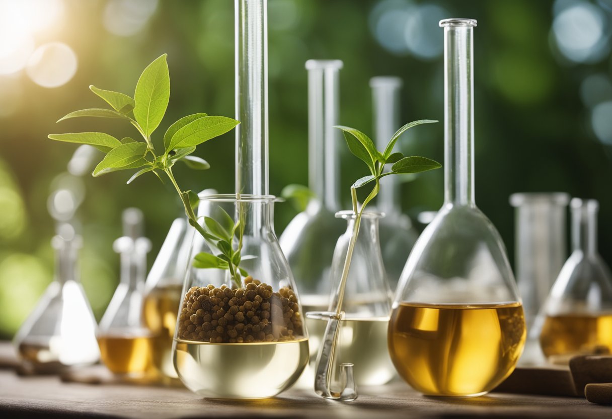 A laboratory setting with beakers, test tubes, and scientific equipment, with a focus on a specimen of the ashwagandha plant