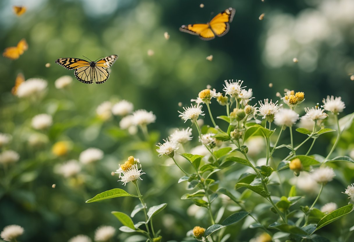 A serene garden with ashwagandha plants in full bloom, surrounded by butterflies and bees, evoking a sense of tranquility and natural beauty