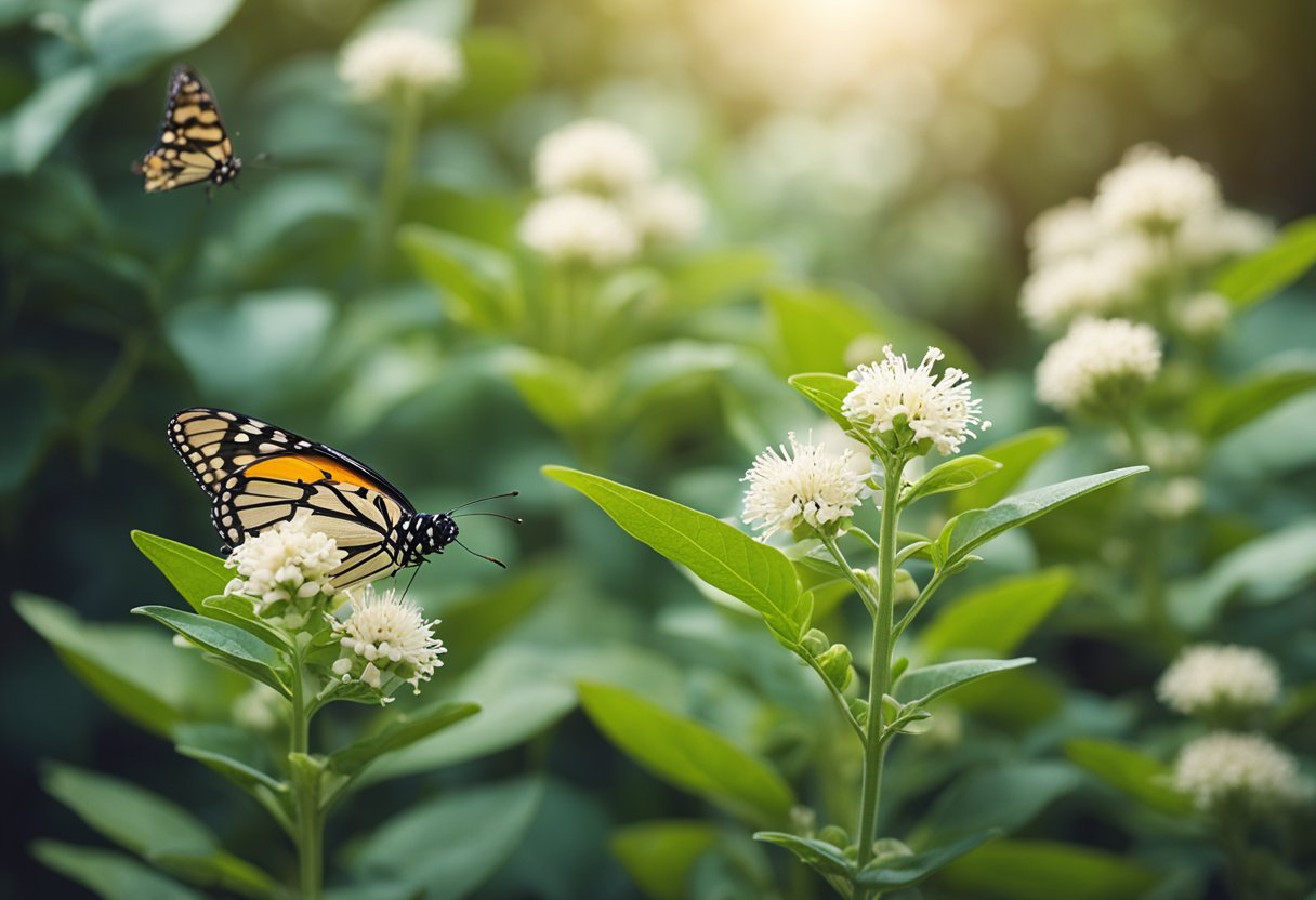 A serene garden with a flourishing ashwagandha plant surrounded by butterflies and bees