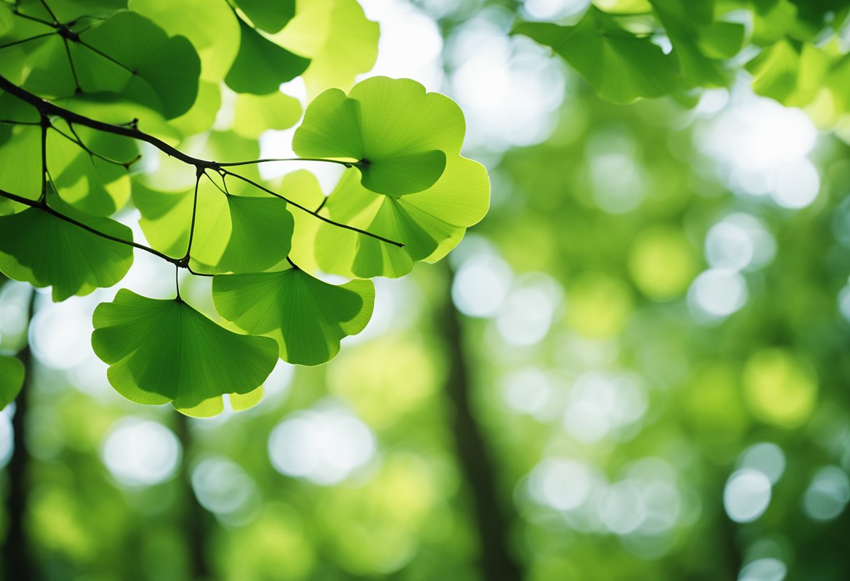A serene forest with sunlight filtering through the leaves of ginkgo biloba trees, showcasing their vibrant green fan-shaped leaves and peaceful atmosphere