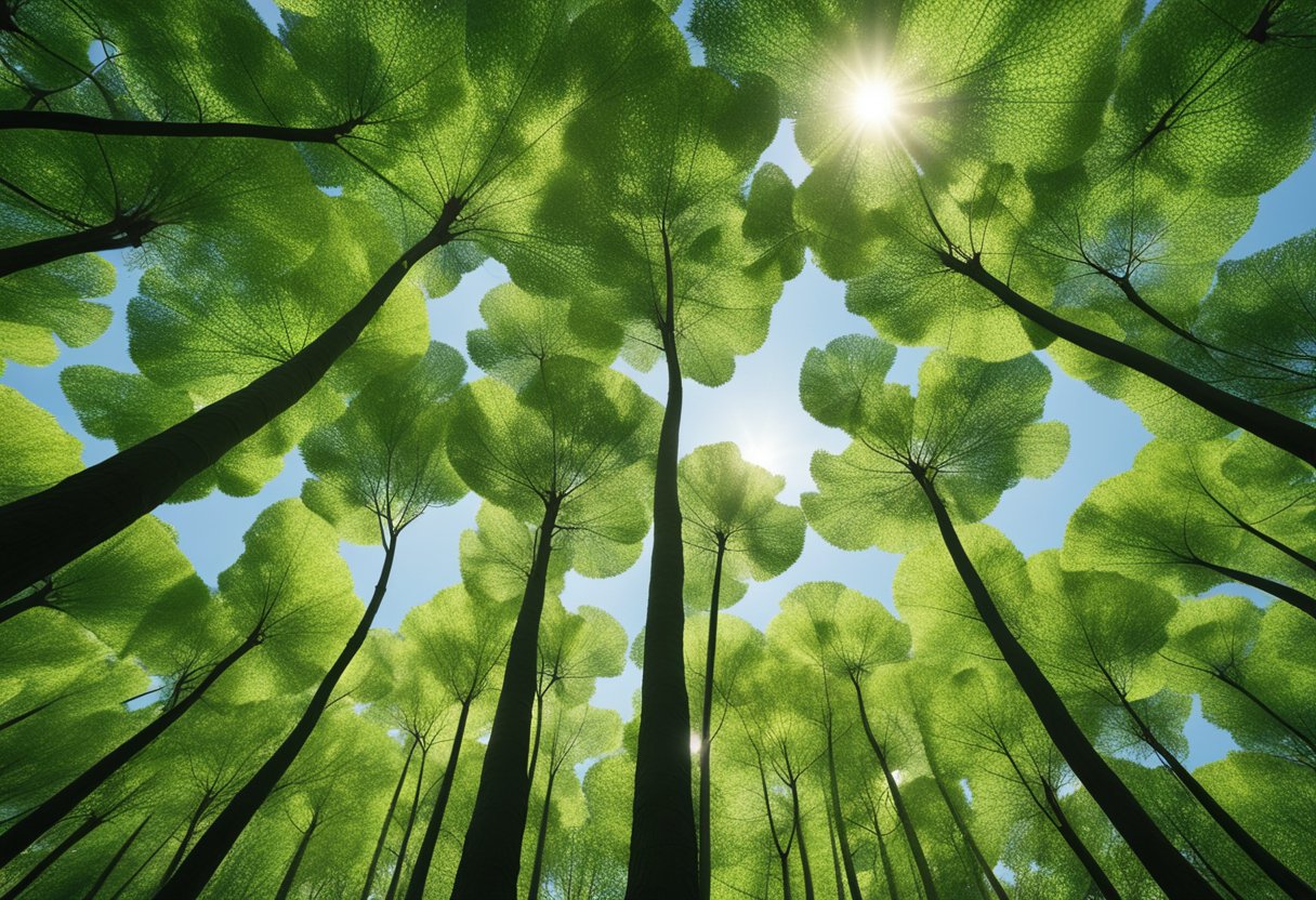 A serene forest with ancient ginkgo biloba trees, their fan-shaped leaves fluttering in the breeze. Sunlight filters through the canopy, illuminating the lush undergrowth below