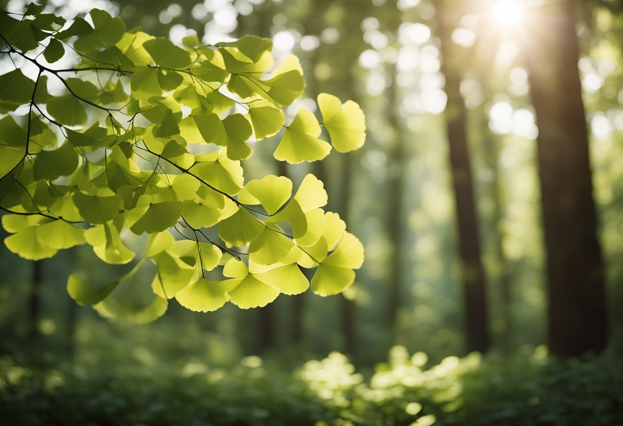 A tranquil forest clearing with a ginkgo biloba tree surrounded by traditional medicine herbs and plants. The sunlight filters through the leaves, creating a peaceful and healing atmosphere