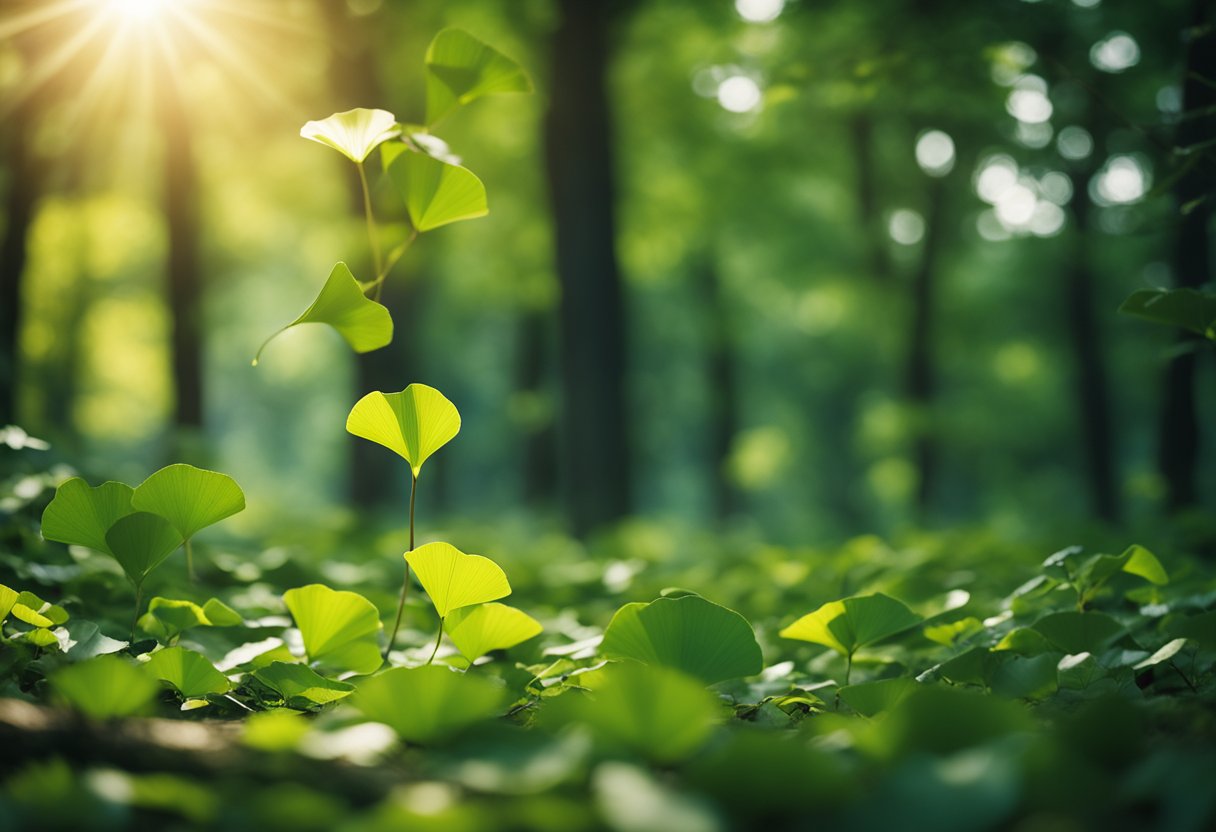 A serene forest with a ginkgo biloba tree surrounded by vibrant greenery and wildlife, evoking a sense of calm and mental clarity