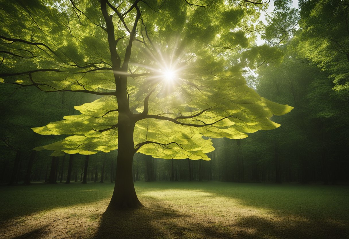 A serene forest with a ginkgo biloba tree surrounded by various other trees and plants. The sunlight filters through the leaves, creating a peaceful and calming atmosphere
