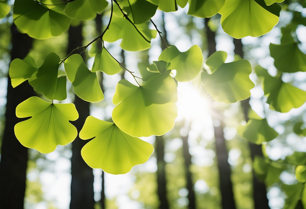 A serene forest with sunlight filtering through the leaves of ginkgo biloba trees, highlighting their distinctive fan-shaped leaves and small, round nuts