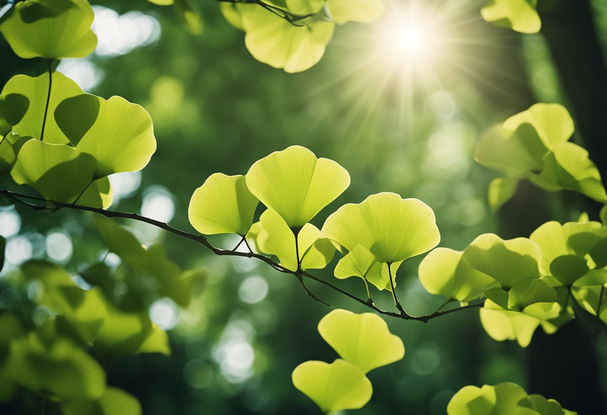 A lush forest with sunlight filtering through the leaves, showcasing ginkgo biloba trees in full bloom, surrounded by various plants and wildlife