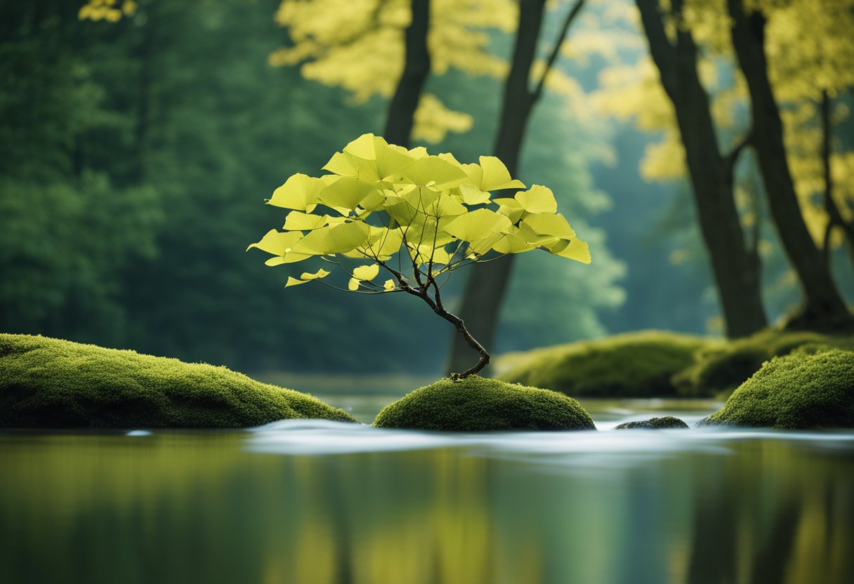 A serene forest with a ginkgo biloba tree surrounded by calm, flowing water, and a sense of tranquility in the air