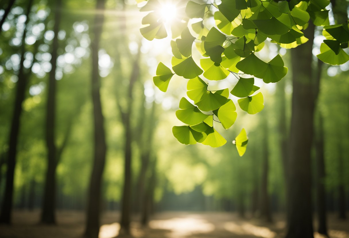 A serene forest with sunlight streaming through the leaves of ginkgo biloba trees, highlighting their fan-shaped leaves and the peaceful atmosphere