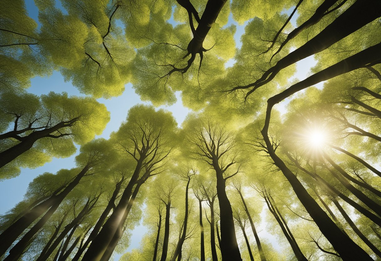 A serene forest with ginkgo biloba trees releasing oxygen into the air, surrounded by people breathing in the fresh, clean air