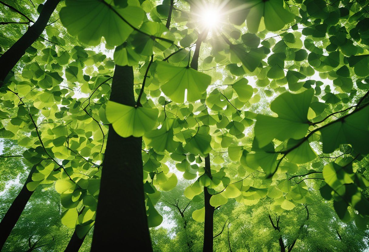 A lush forest with sunlight filtering through the leaves of towering ginkgo biloba trees, surrounded by vibrant greenery and a sense of tranquility