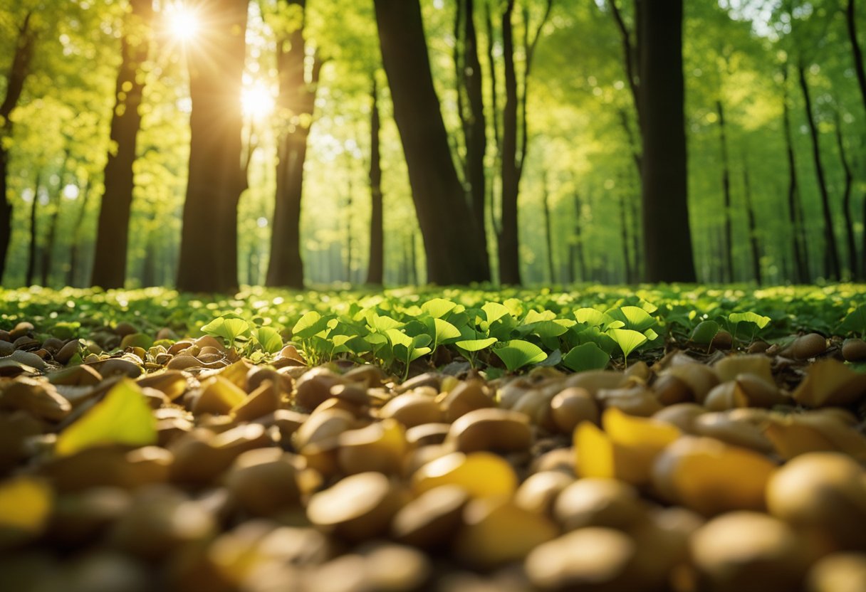 A lush forest of ginkgo biloba trees, with vibrant green leaves and golden fan-shaped nuts scattered on the ground. Sunlight filters through the branches, casting dappled shadows on the forest floor